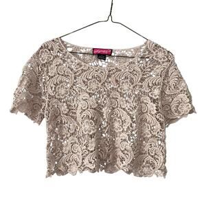 Say What? Nude Tan Floral Lace Sheer Crop Top 100% Cotton S Overlay Layering